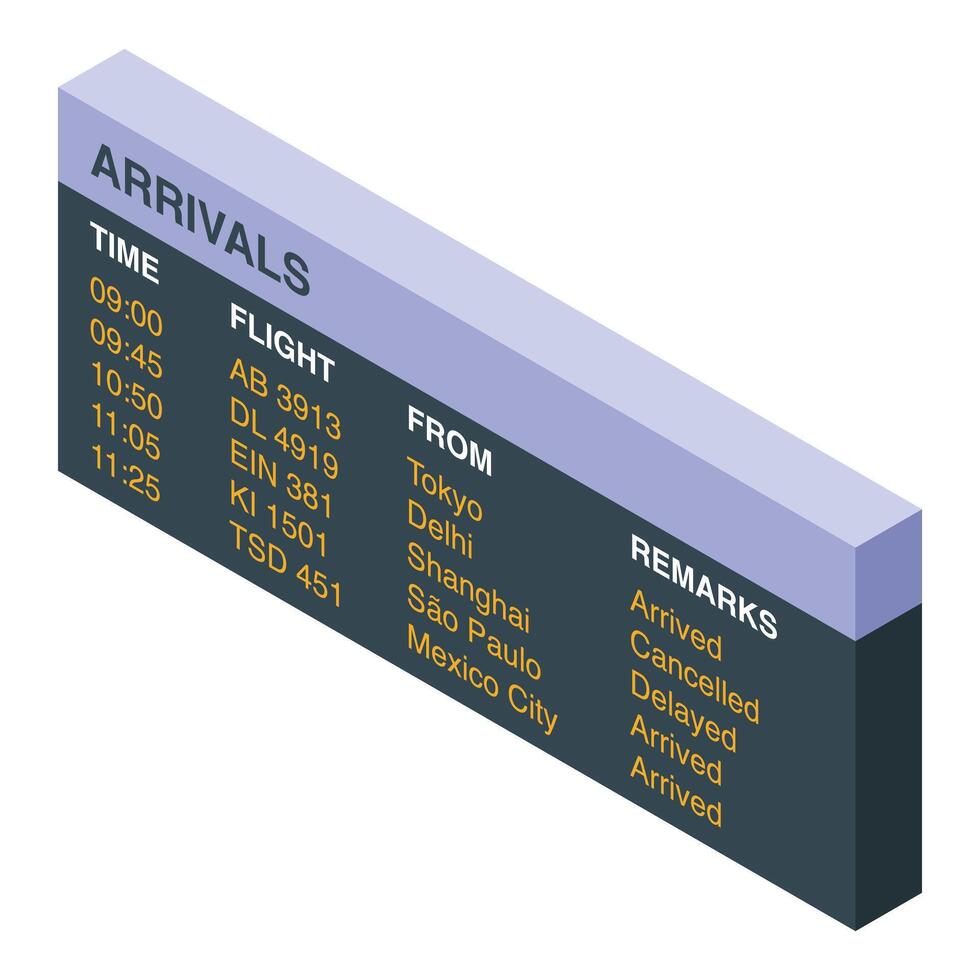Airport arrivals board showing flight information, times, and remarks vector