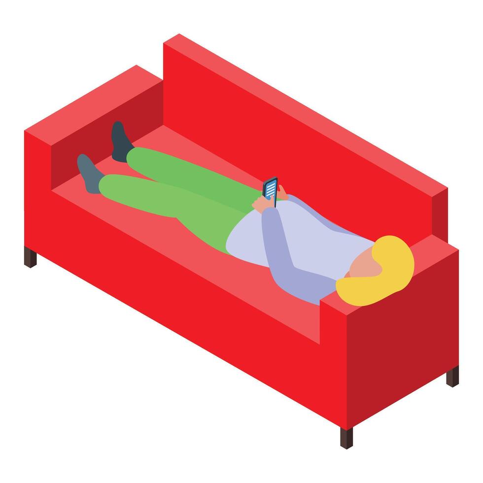 Woman relaxing on red sofa using smartphone, isometric view vector