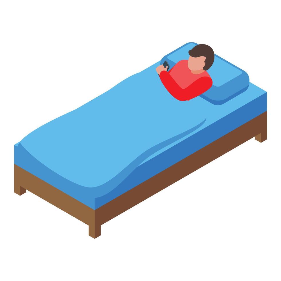 Man lying in bed using smartphone, relaxing at home vector