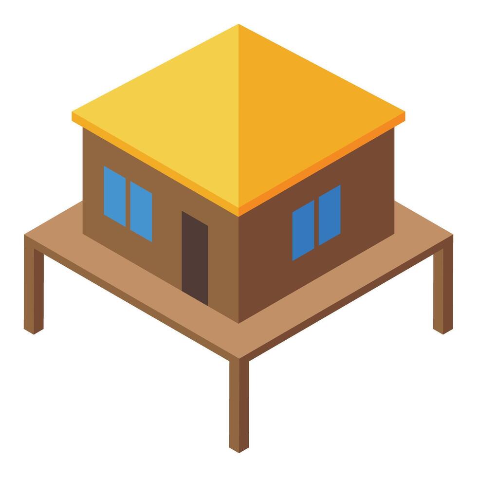 Wooden stilt house with yellow roof in isometric view vector