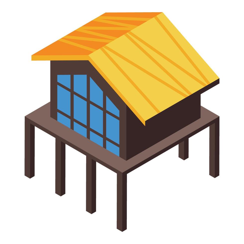 Tropical bungalow standing on stilts over water with large window and yellow roof vector
