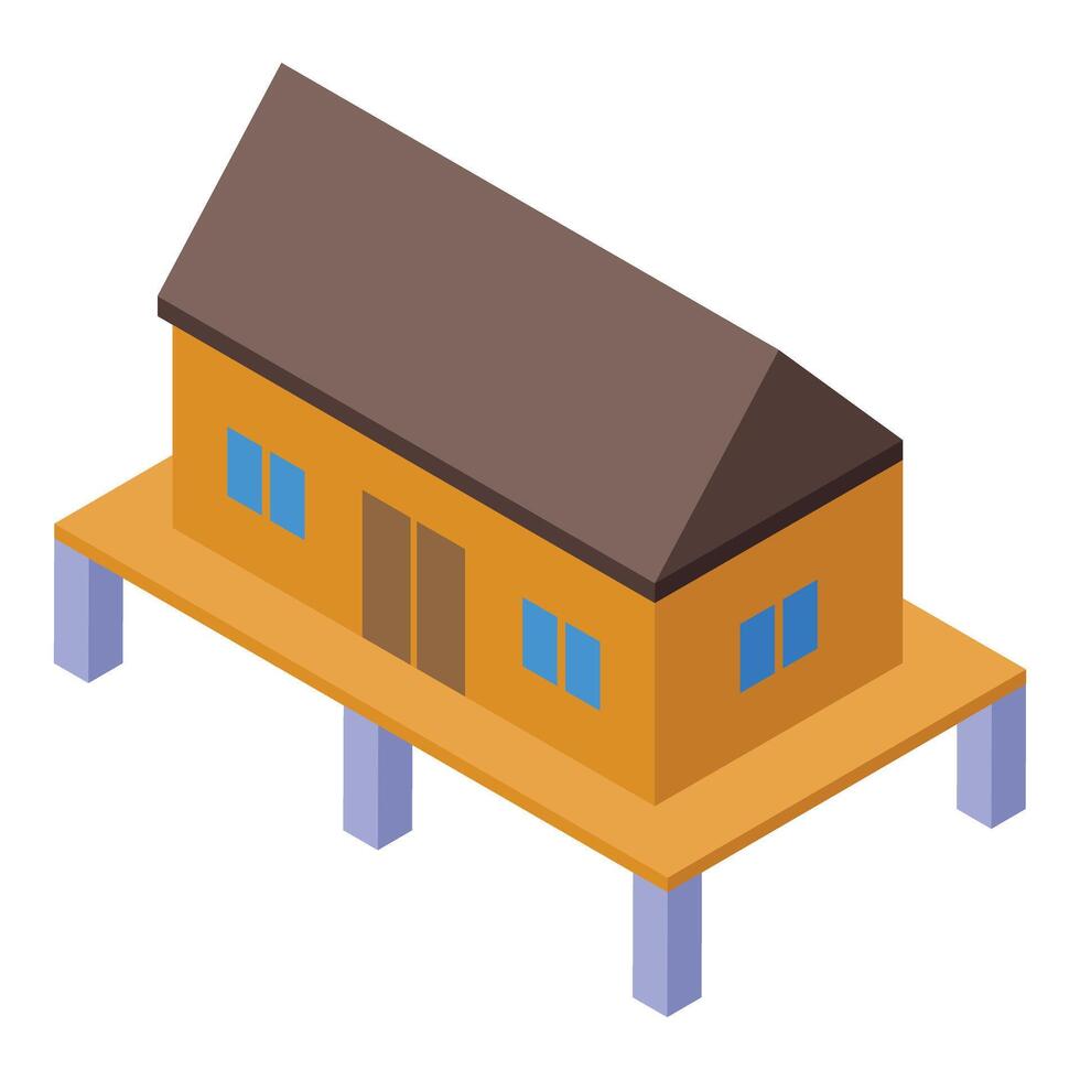 Stilt house bungalow stands on wooden platform, isometric bungalow icon vector