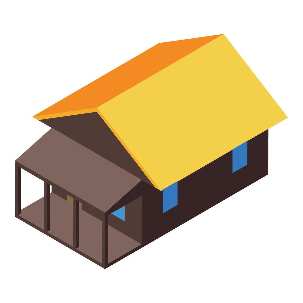 Isometric wooden tropical bungalow with porch and yellow roof vector