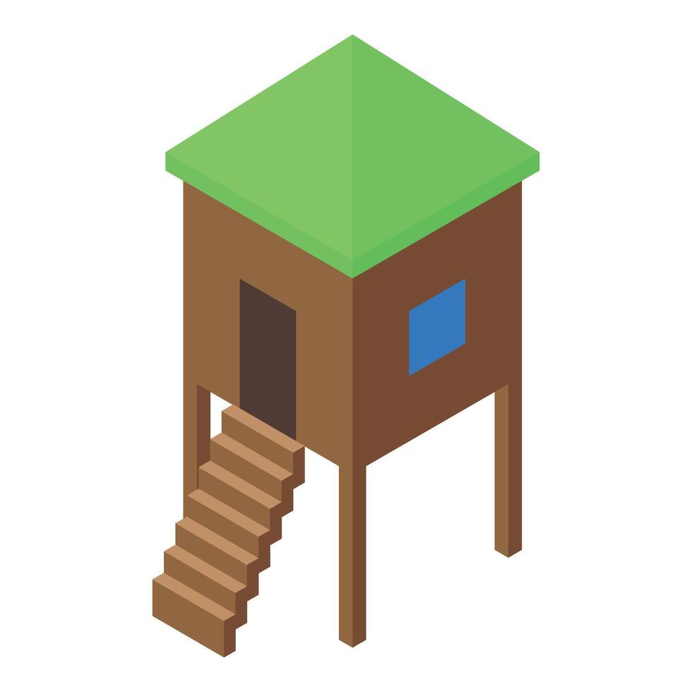 Isometric wooden stilt house with green roof and stairs vector