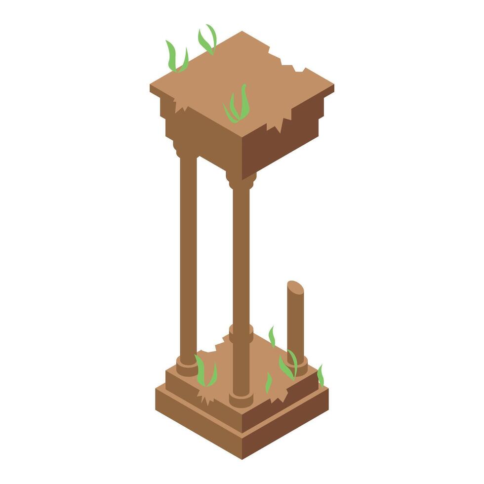 Broken ancient columns with growing grass isometric icon vector