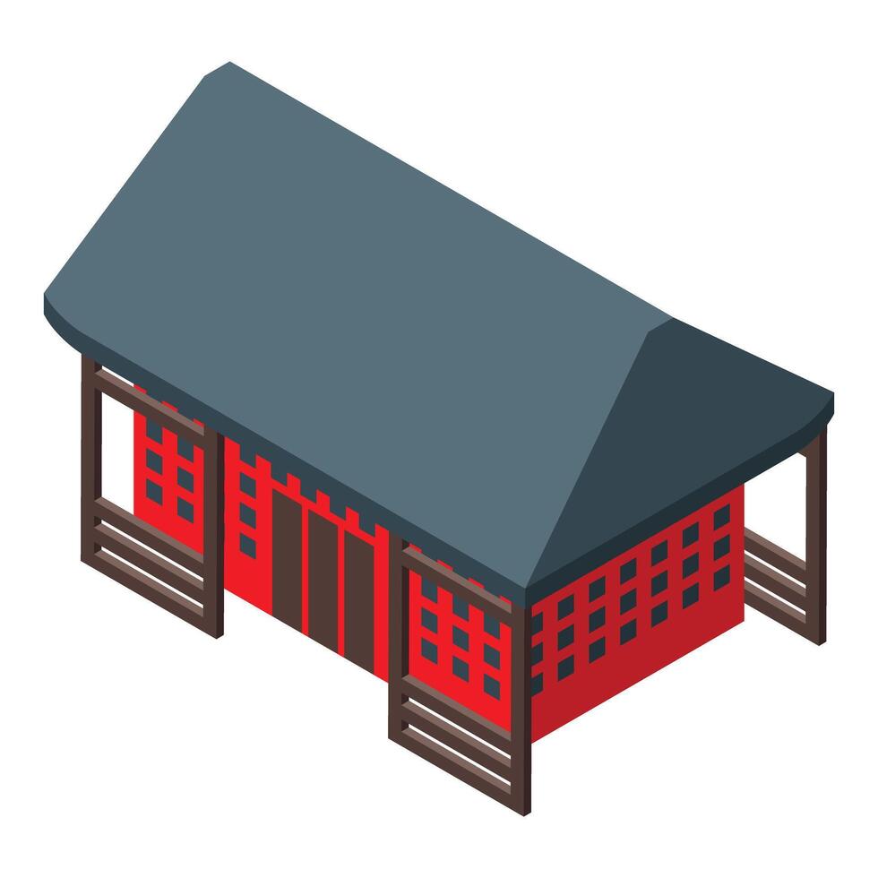 Red asian wooden house with grey roof and porch is depicting traditional architecture vector