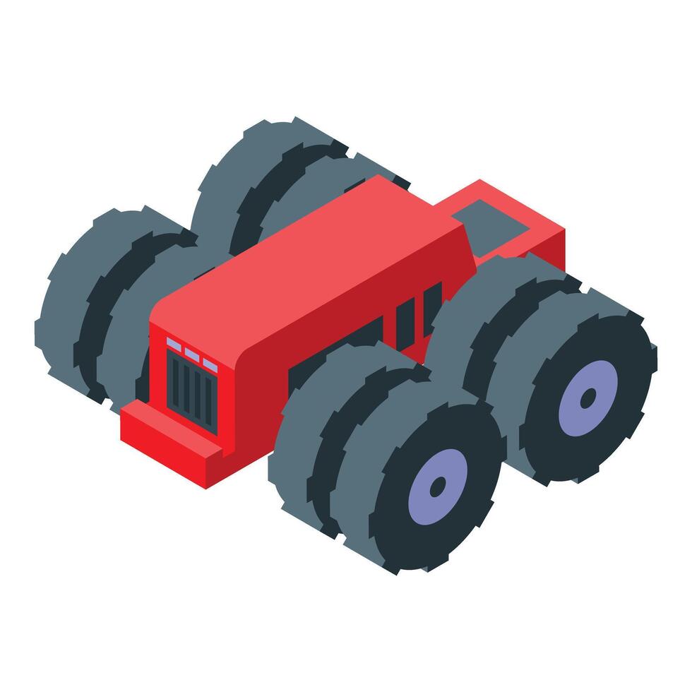 Red tractor cultivating agricultural land for crop production with isometric projection vector