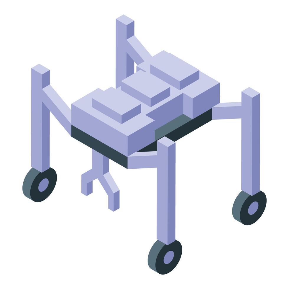 Futuristic drone delivering package using robotic arm and wheels, isometric view vector