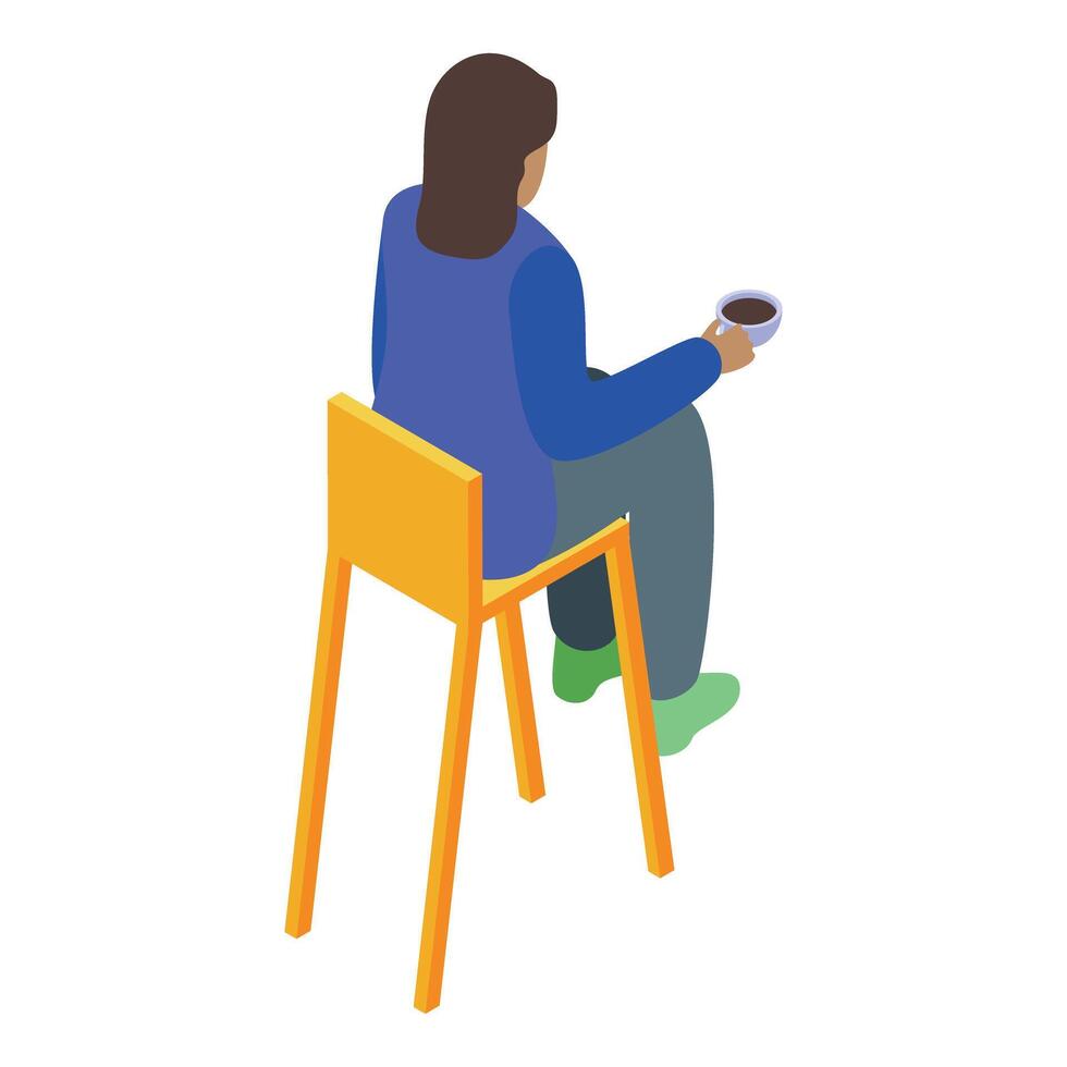 Woman sitting on chair holding coffee cup back view isometric icon vector