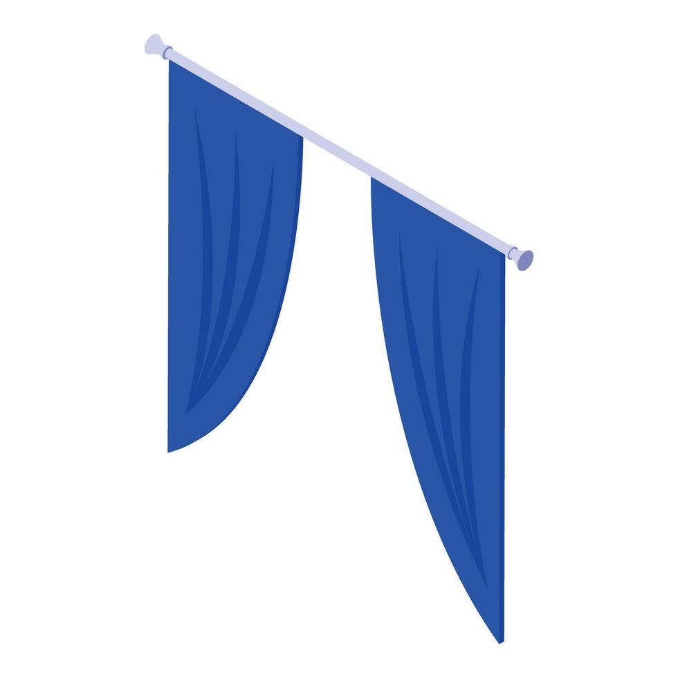 Two blue flags hanging on a horizontal pole, isometric view vector