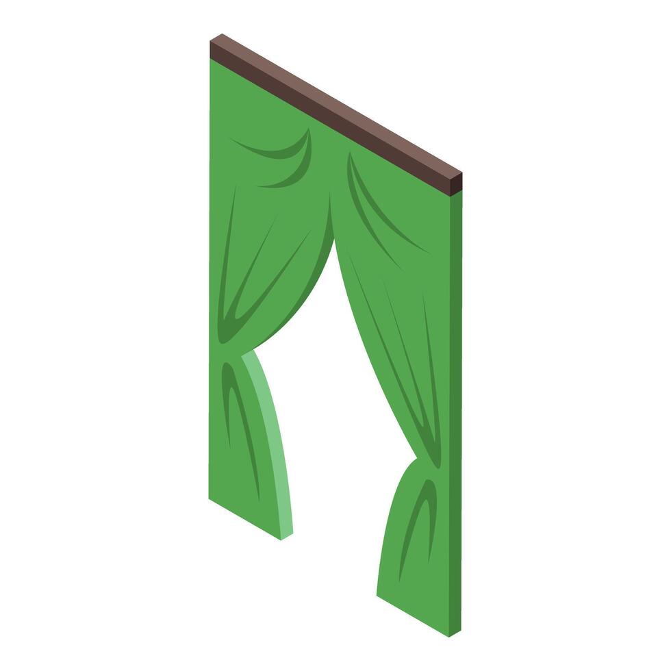 Green curtain partially open on white background vector