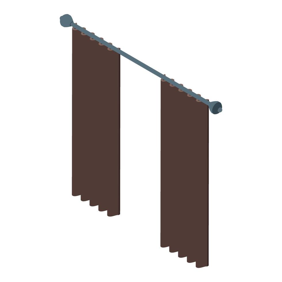 Brown curtains hanging on a metal curtain rod, isometric view vector
