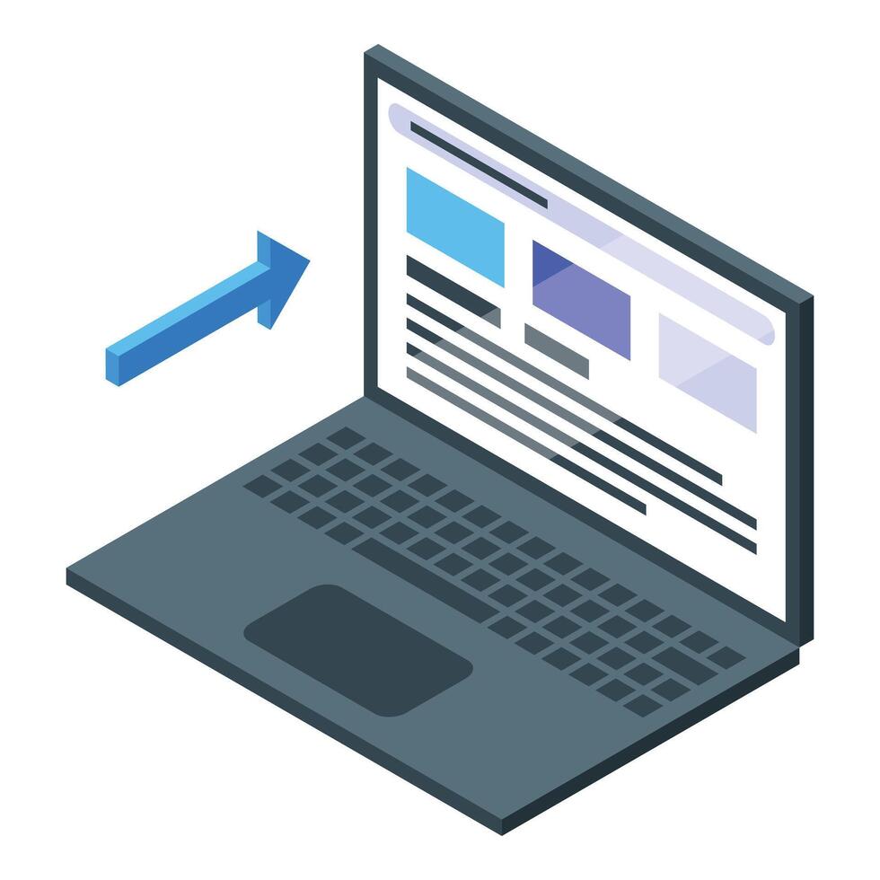 Sending data to laptop computer with open webpage, isometric view vector