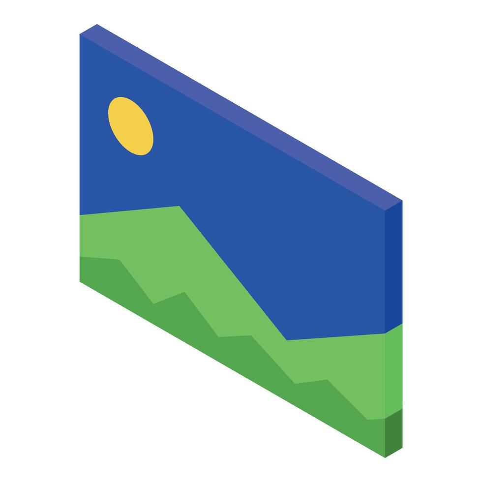 Isometric gallery painting showing green hills and blue sky with yellow sun vector