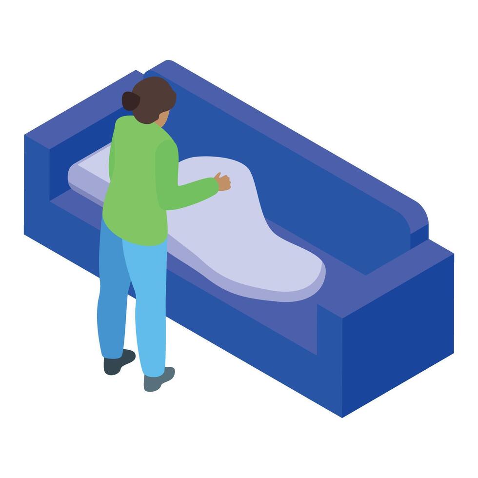Housekeeper making bed on sofa, transforming living room into guest bedroom vector