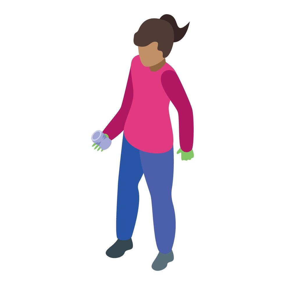 Volunteer picking up trash in park wearing gloves isometric icon vector