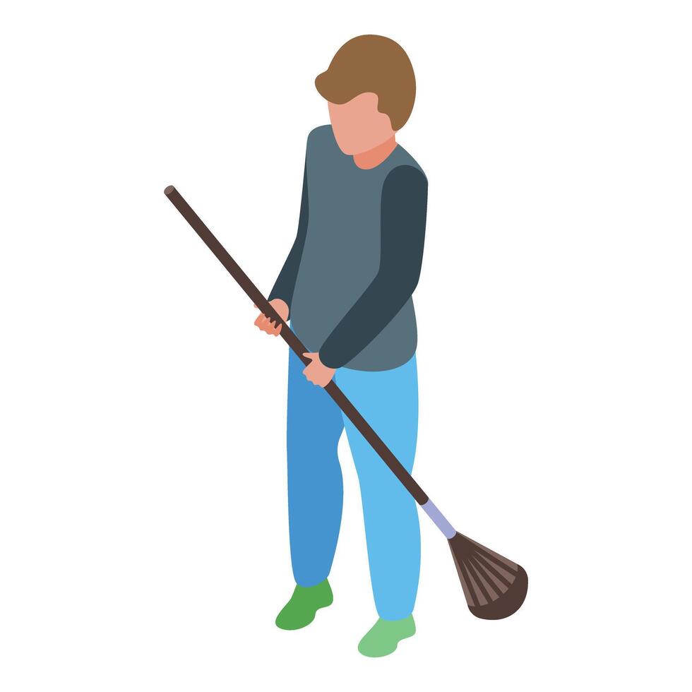 Street cleaner sweeping with broom, isometric illustration of cleaning staff maintaining hygiene vector