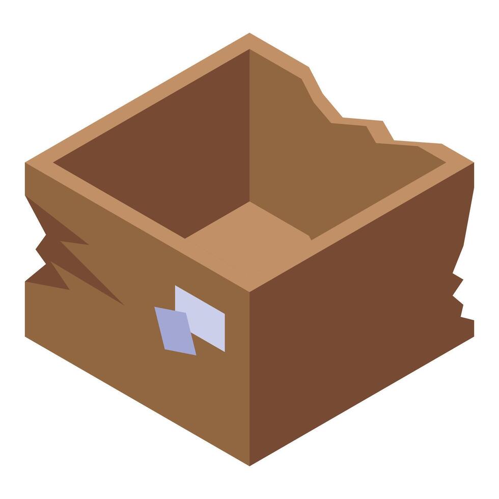 Broken cardboard box with shipping label, damaged parcel in transit vector