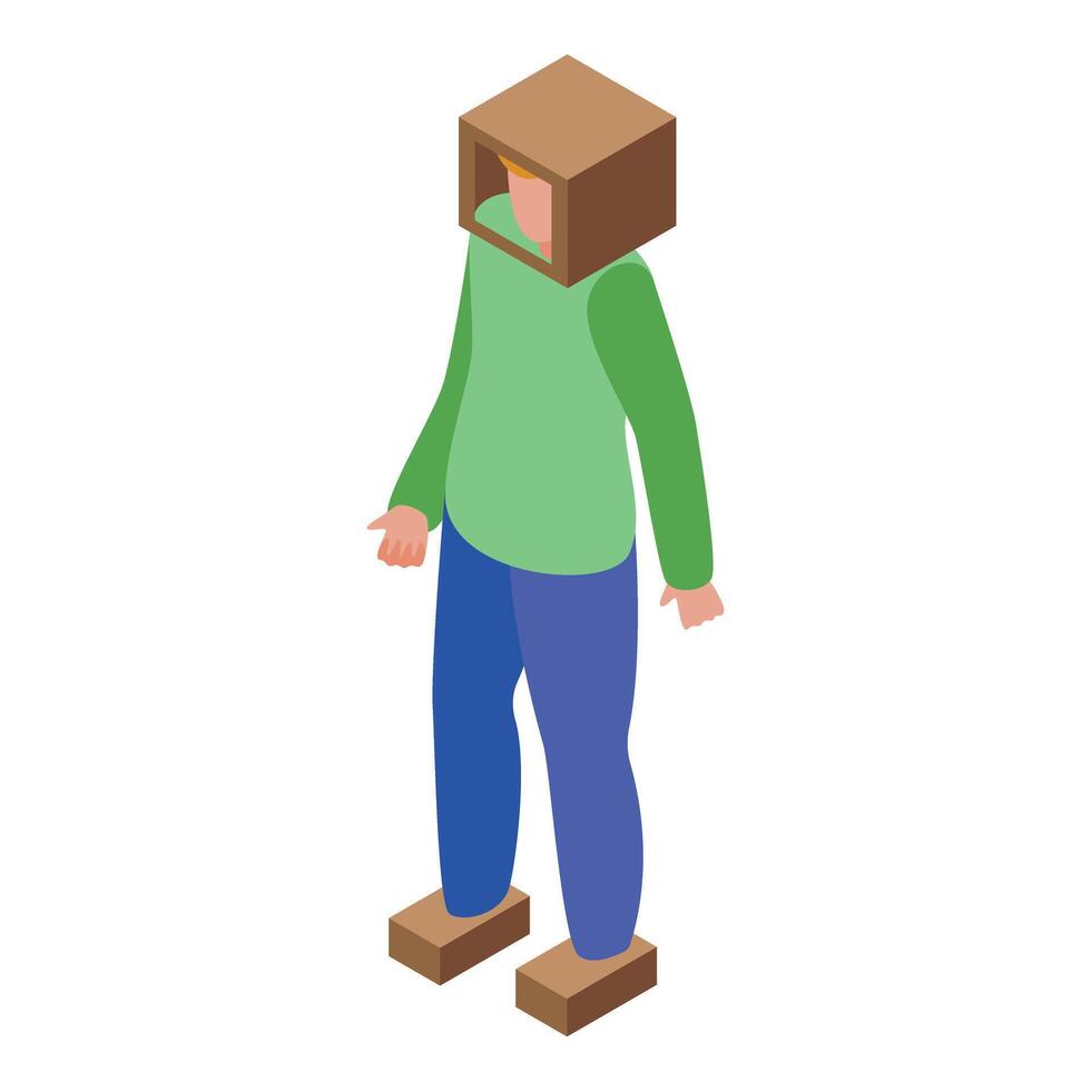 Man wearing cardboard box on head and cardboard shoes standing isometric view vector