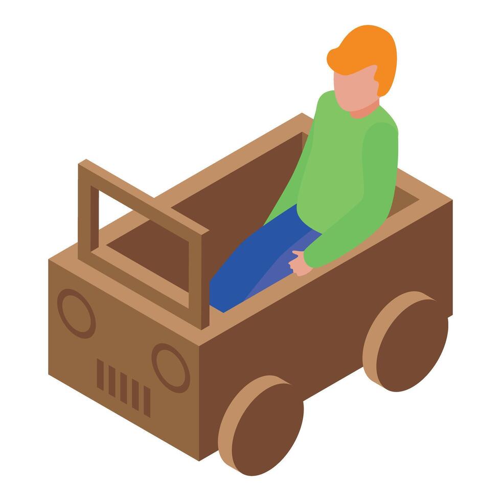 Child playing with cardboard car, promoting imagination and sustainability vector