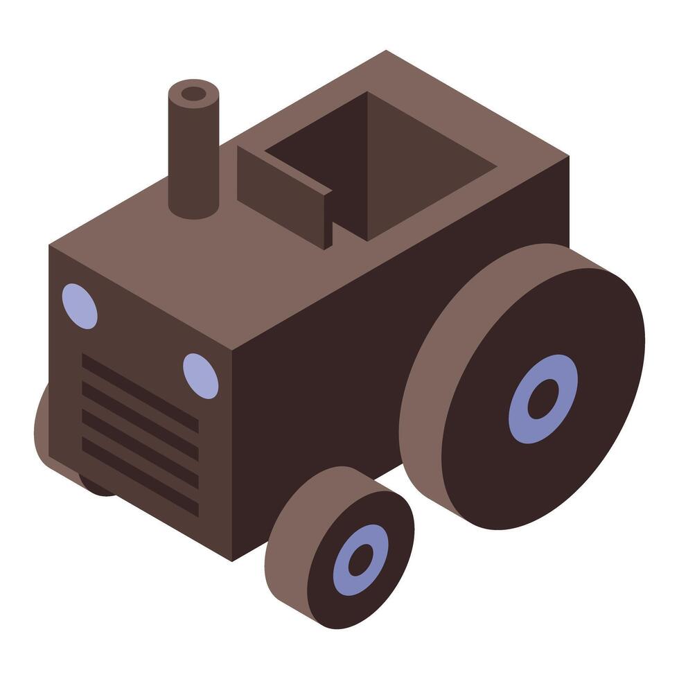 Brown tractor cultivating agricultural land, isometric projection of farming machinery vector