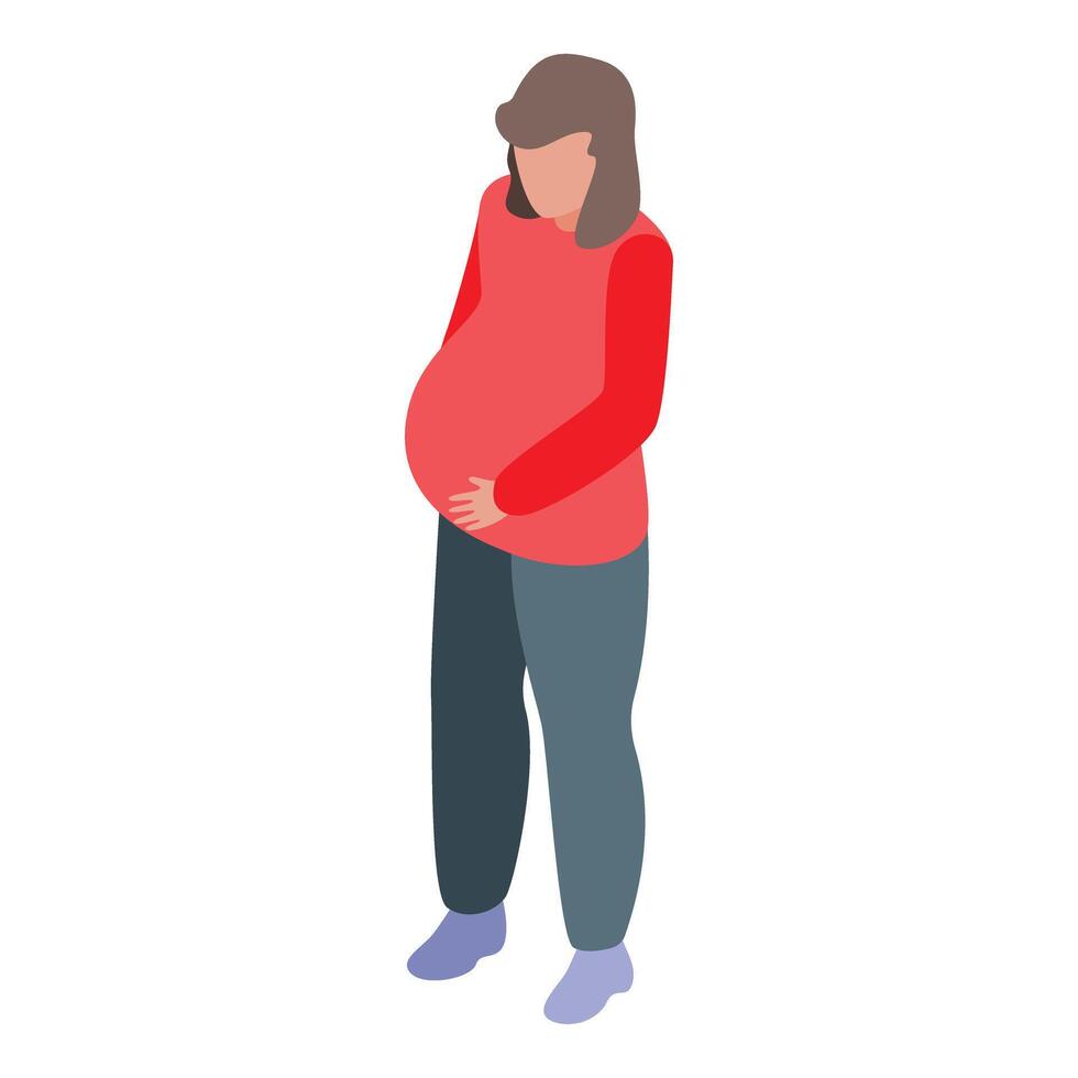 Pregnant woman holding belly, future mother embracing pregnancy isometric icon vector