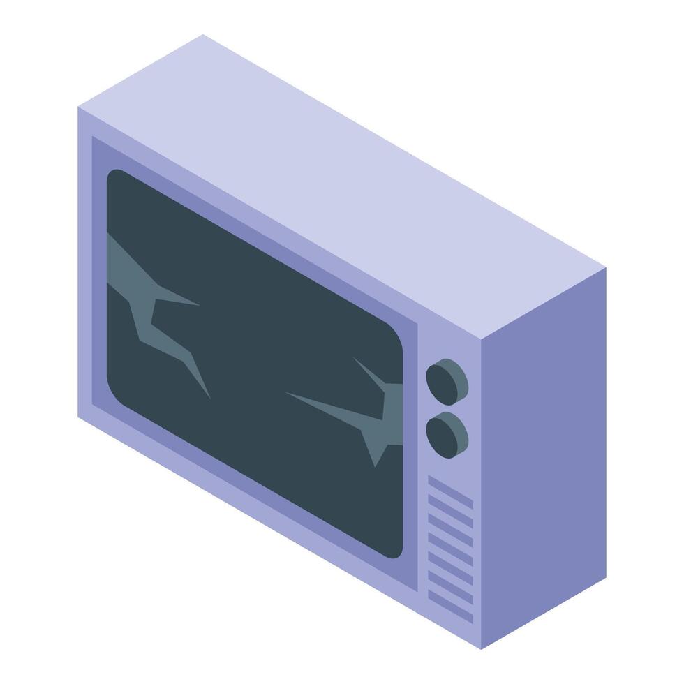 Broken vintage tv showing cracks on screen in isometric view vector