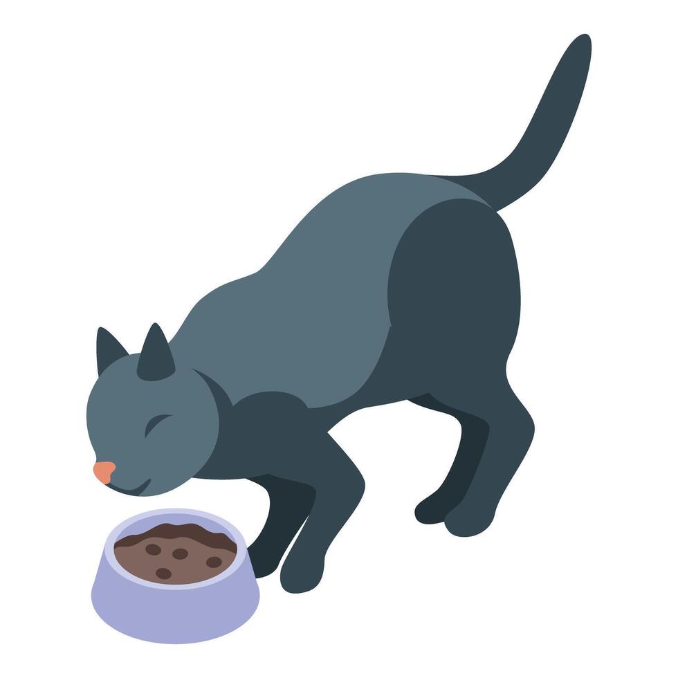 Grey cat eating food from its bowl isometric illustration vector