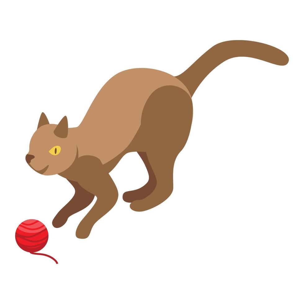 Playful brown cat is hunting a red ball of yarn vector