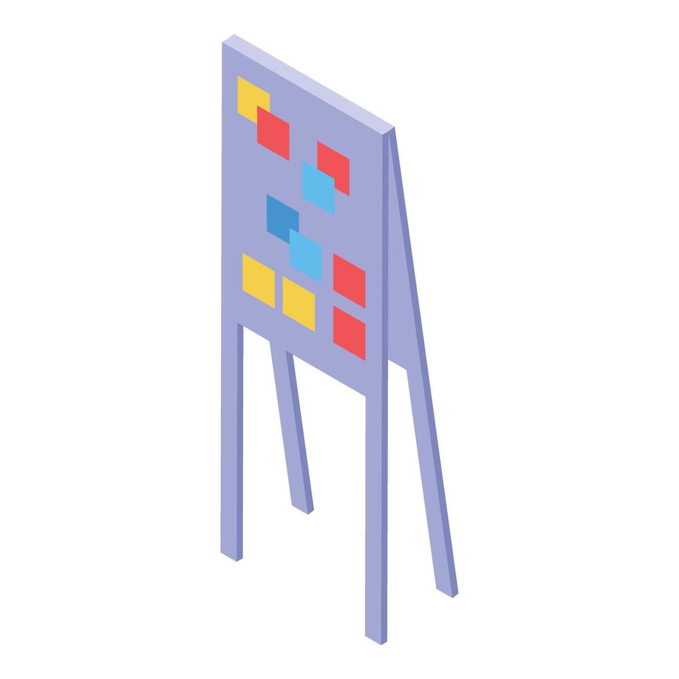 Planning board showing colorful sticky notes on wooden easel, isometric view vector