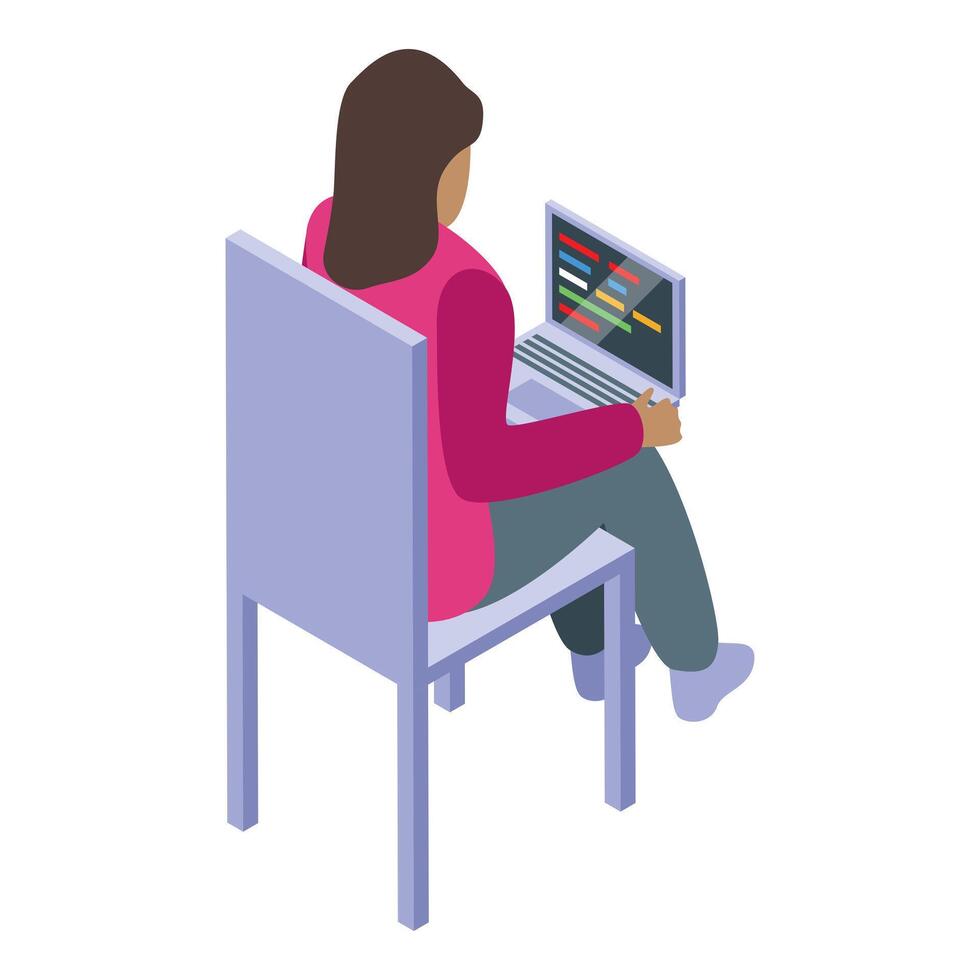 Programmer woman working with laptop sitting on chair vector