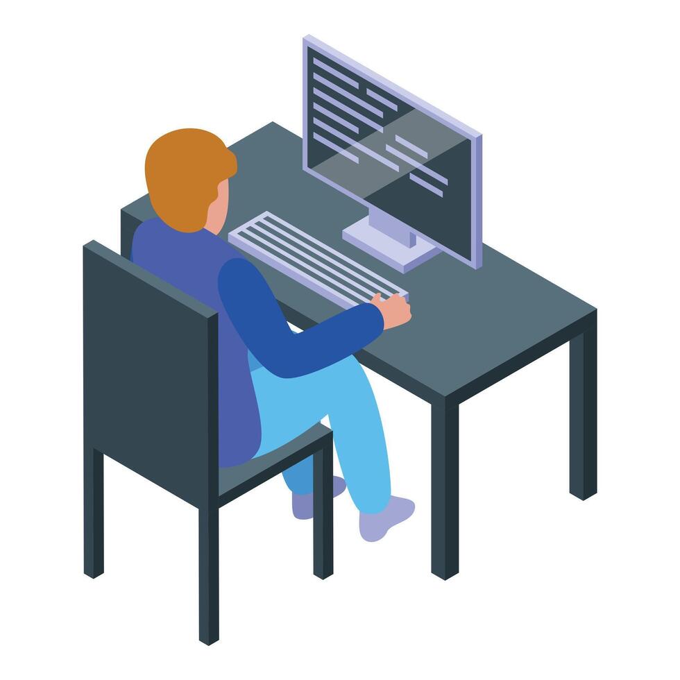 Programmer writing code on desktop computer, isometric view vector