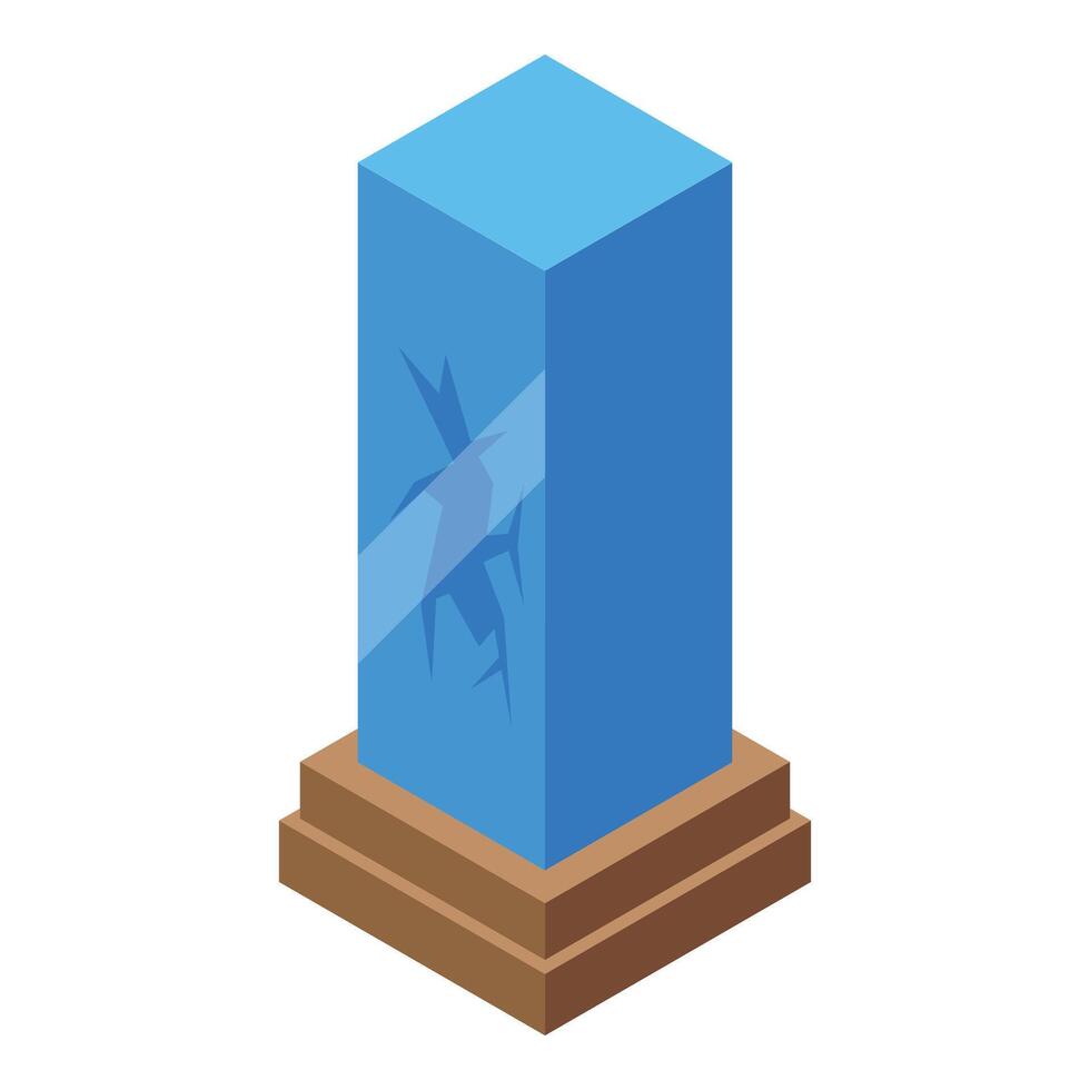 Broken glass display case on wooden stand exhibiting crack and shatter vector