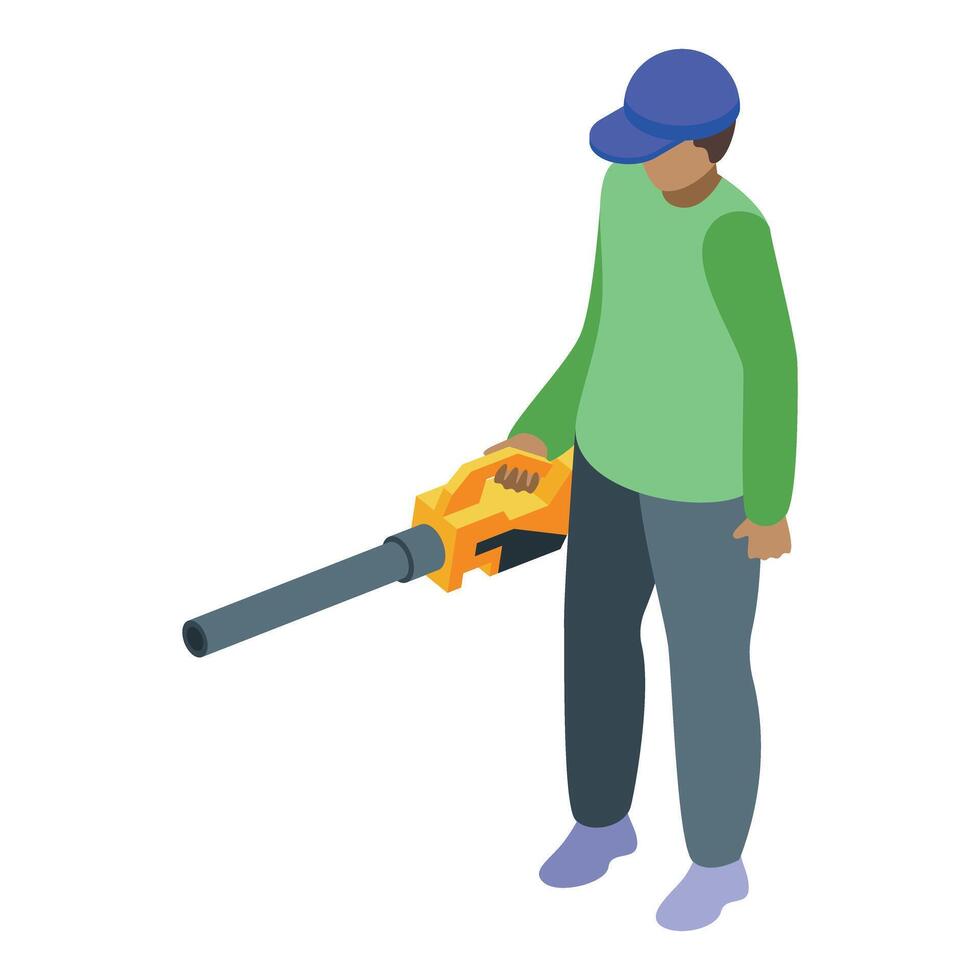Gardener cleaning using leaf blower in the garden during autumn vector