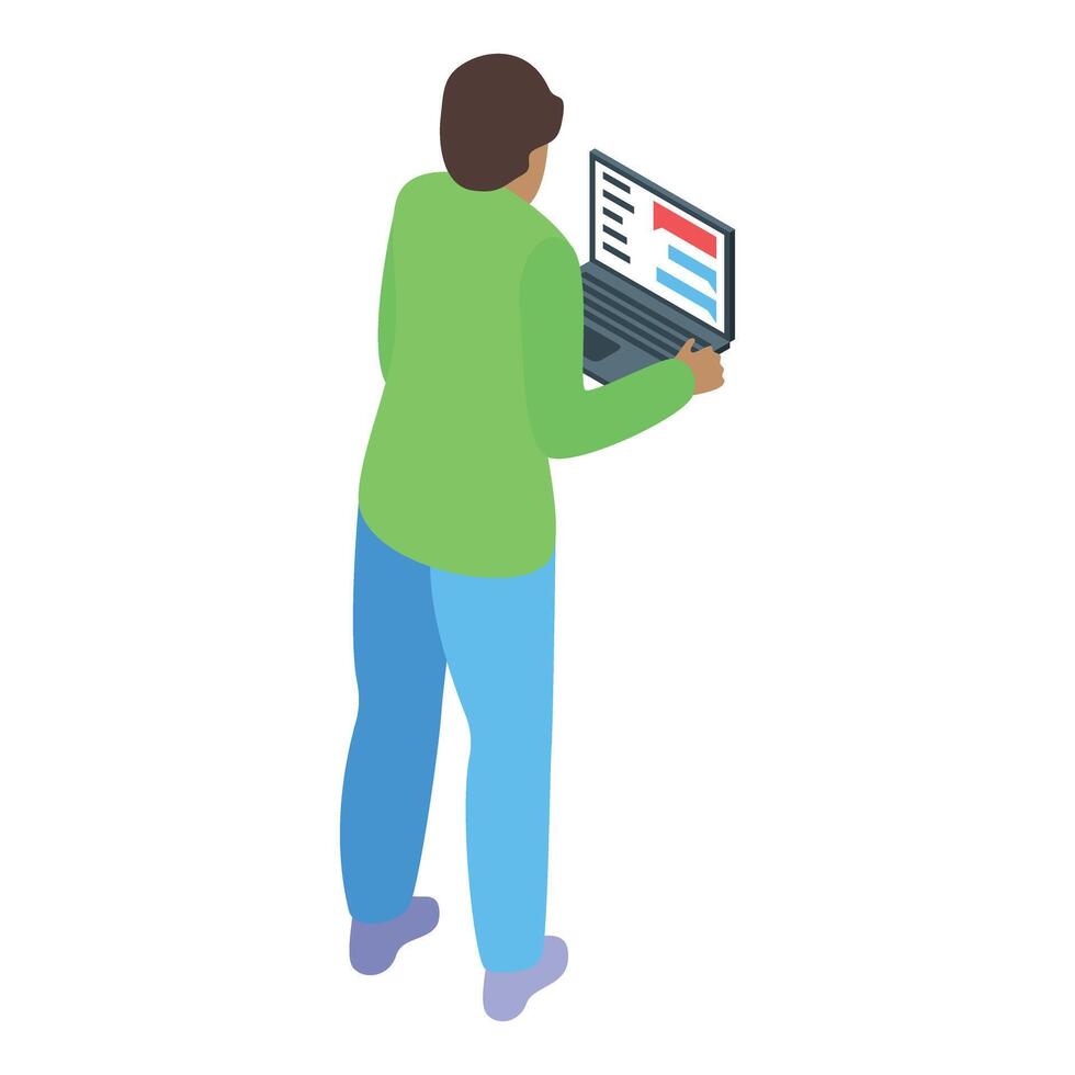 Programmer working with laptop showing code editor, developing software, and fixing bugs vector