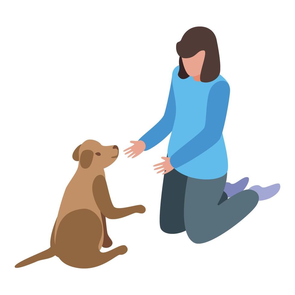 Veterinarian kneeling and playing with a cute dog vector