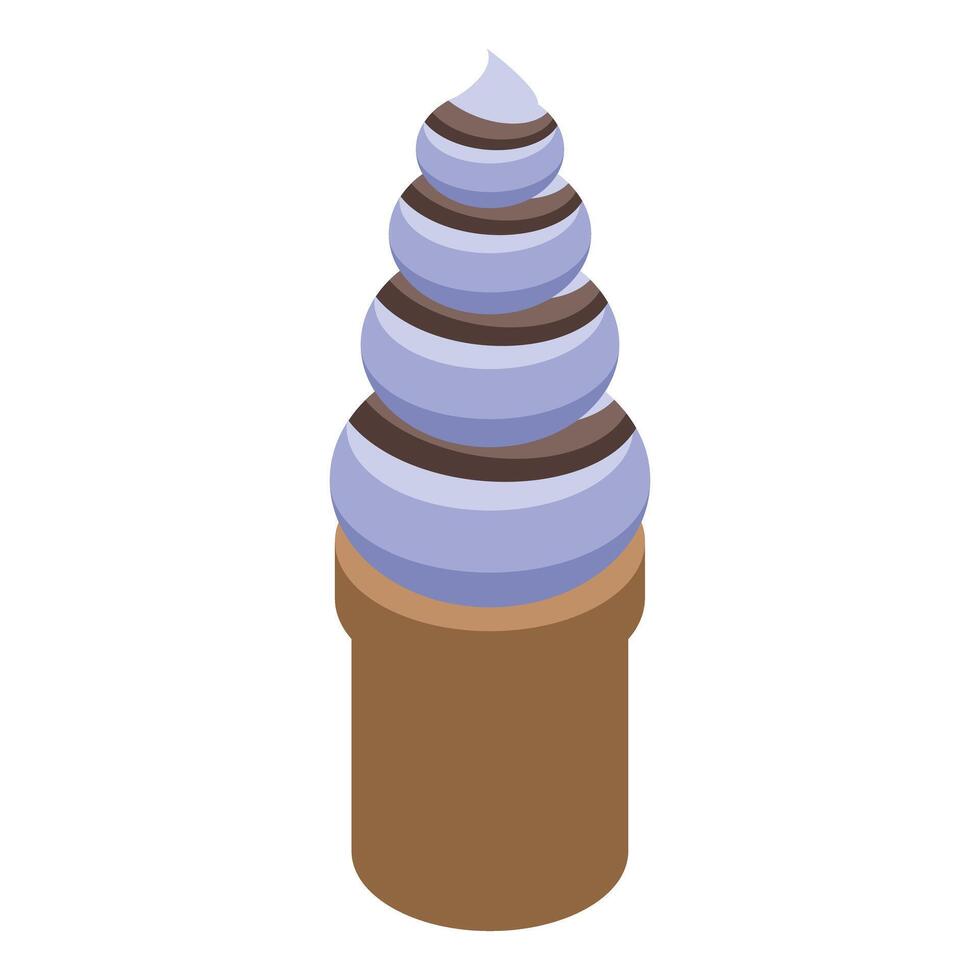 Blueberry soft serve ice cream with chocolate topping in a crispy cone isometric icon vector