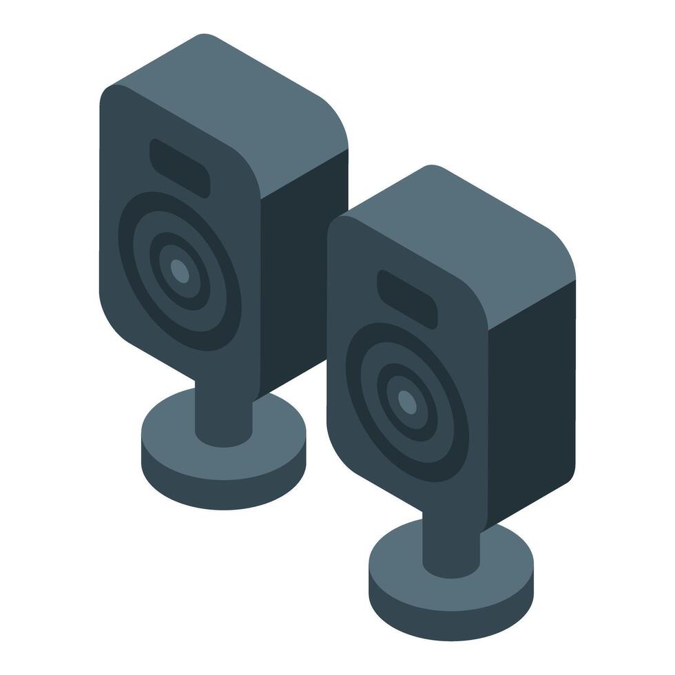 Two gray speakers standing on small round bases playing music vector
