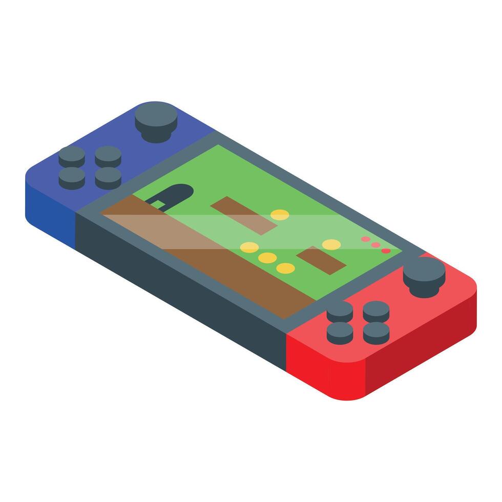 Portable gaming console displaying platformer game in isometric view vector