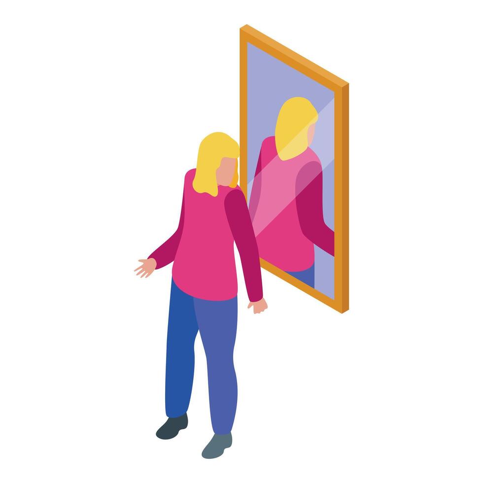 Woman looking at herself reflecting in mirror, narcissism and self esteem concept vector