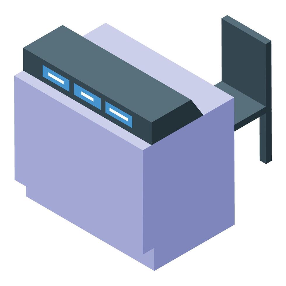 Reception desk with computer and chair in isometric view vector