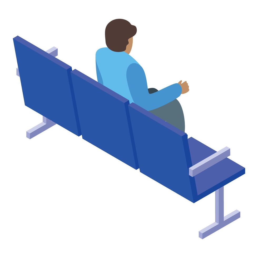 Businessman sitting on airport waiting room bench, rear view vector