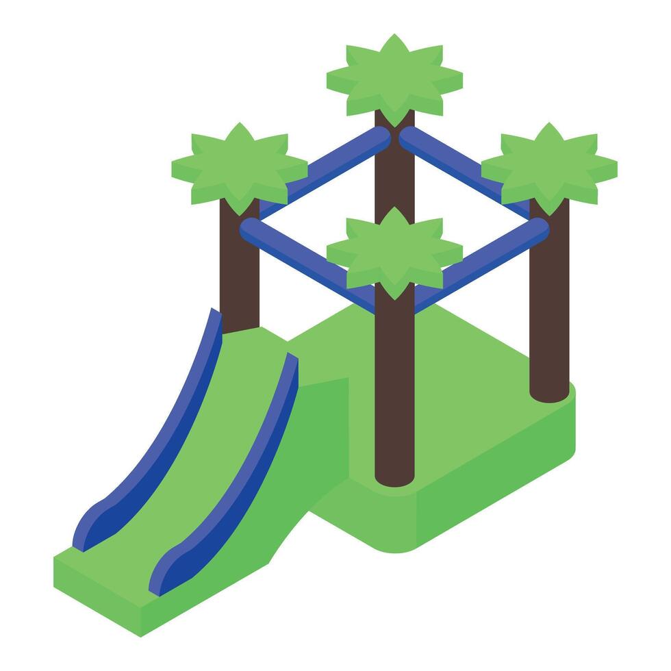 Inflatable green playground slide featuring palm trees and blue frame vector