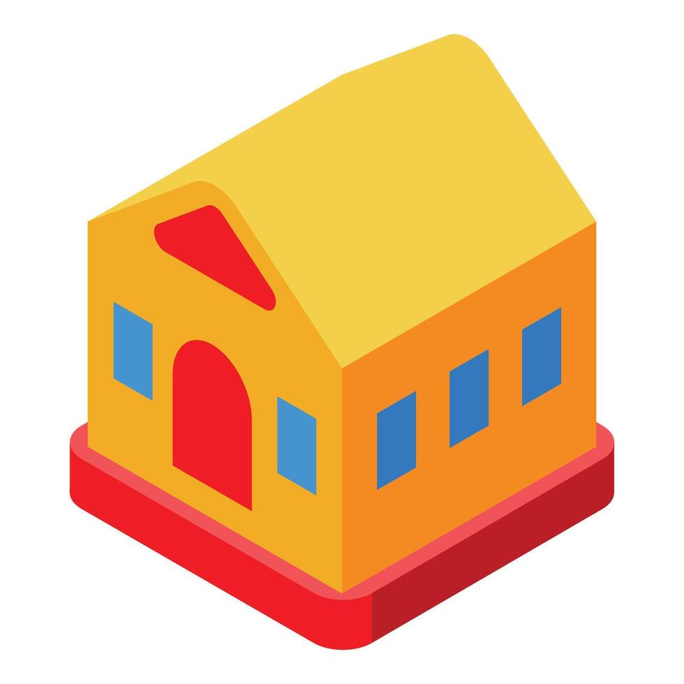 Inflatable bouncy house standing on red mat with yellow roof and red door vector