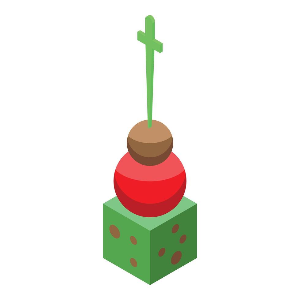 Molecular gastronomy canape presenting round cherry tomato and olive on green crouton vector