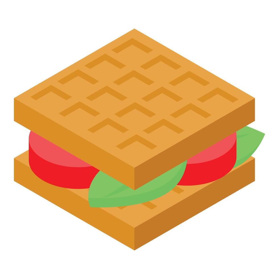 Delicious waffle sandwich with tomatoes and lettuce filling isometric icon vector