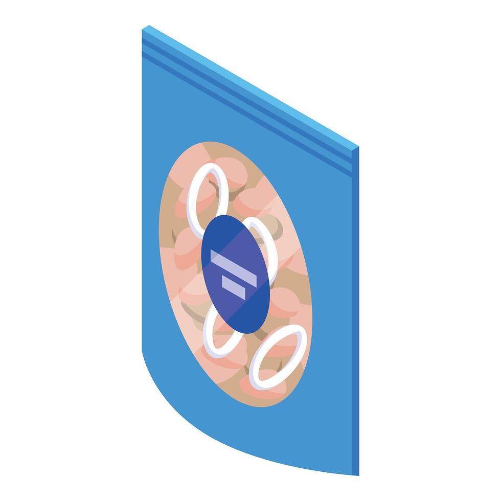 Blue vacuum pack bag containing food product with isometric projection vector