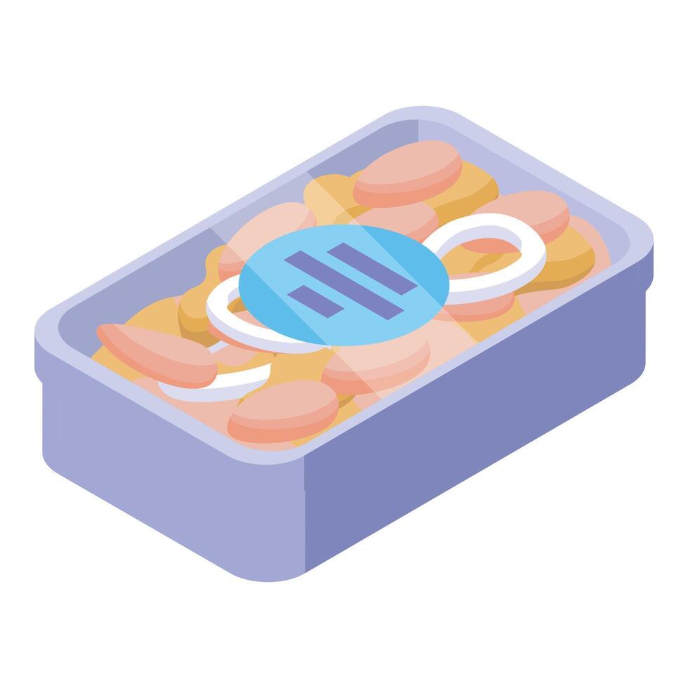 Plastic container holding sliced sausage and onions for retail sale vector