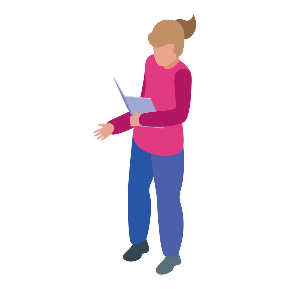Schoolgirl holding open book and explaining lesson vector