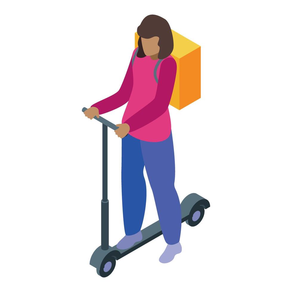 Courier using electric scooter delivering package with thermal backpack vector